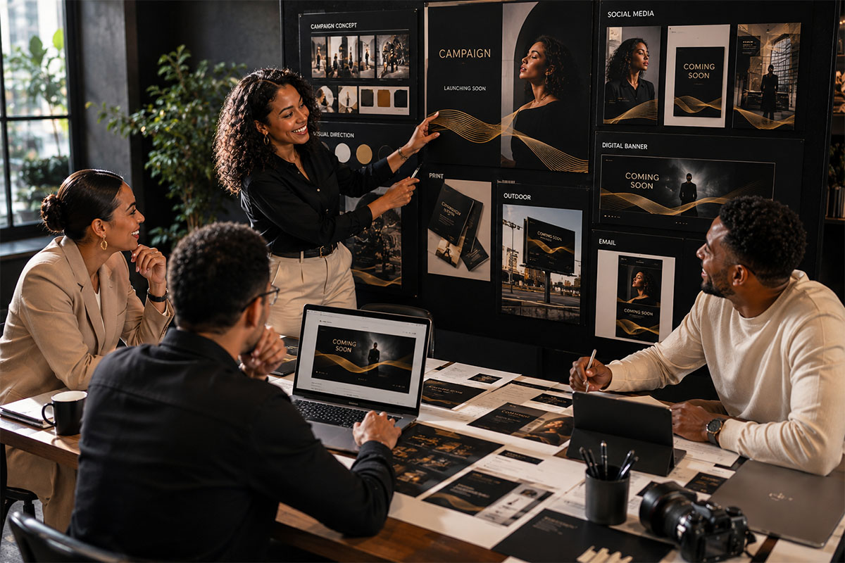 Marketing team planning consistent campaign visuals across channels