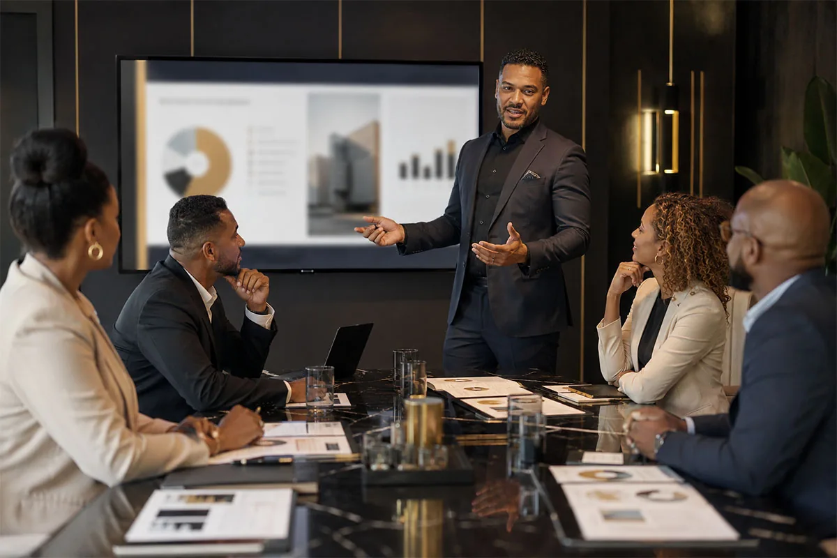Professional team presenting a polished business deck in a premium boardroom
