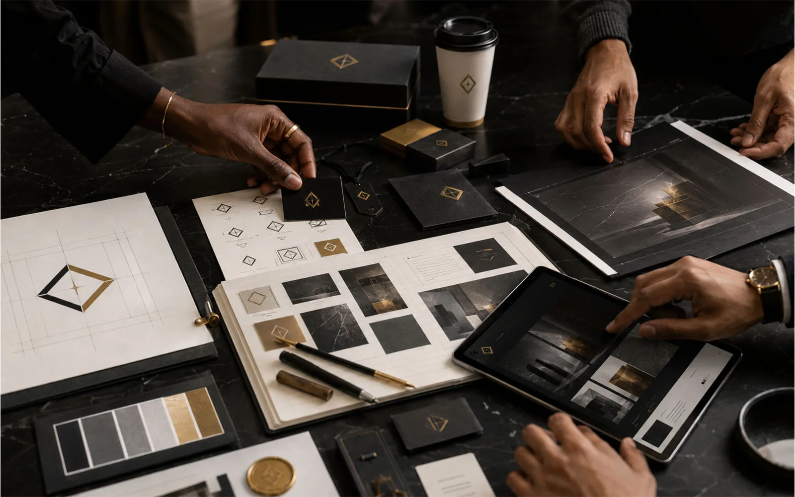 Hands crafting final brand assets with polished print and digital materials