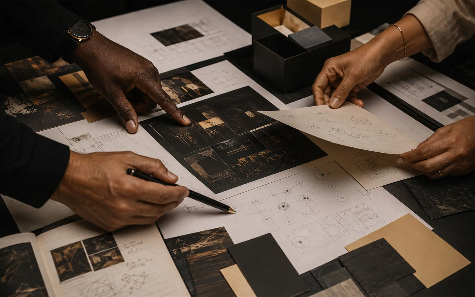 Hands reviewing rough brand materials and notes during a creative project diagnosis